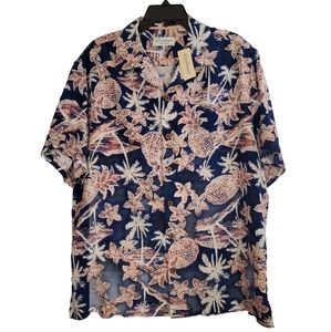 Hawaiian Caribbean Silk Blend Shirt Size L Navy Coral Pineapple Palm Tree Cruise